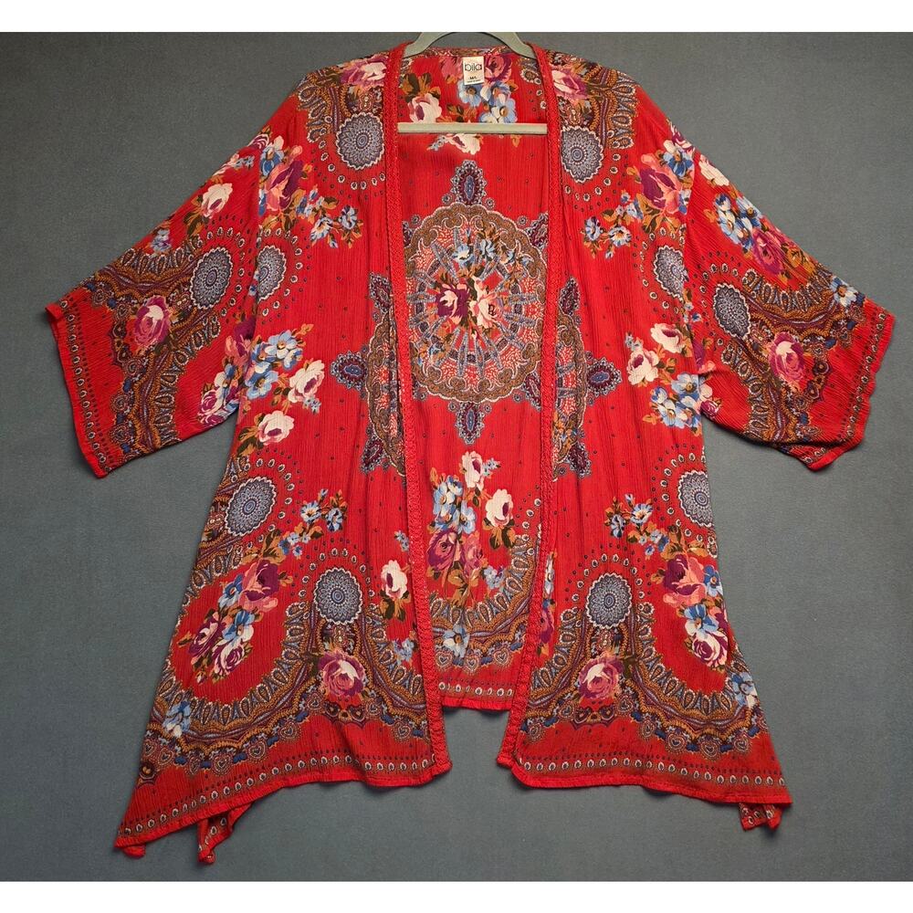 Bila Womens M/L Open Front Cardigan Boho Kimono Relaxed Fit Asymmetrical‎ Artsy